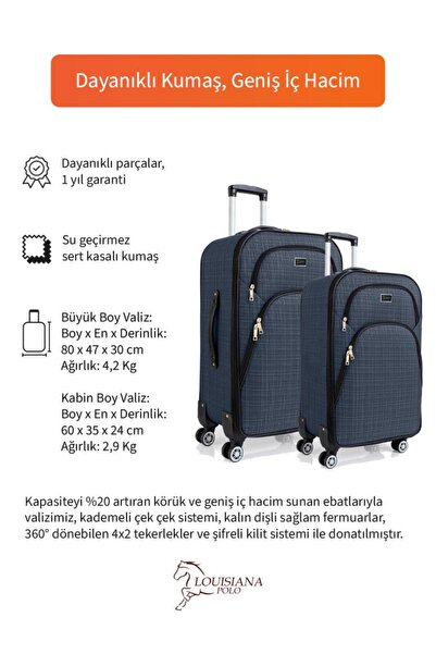 louisiana polo Büyük Ve Kabin Boy Valiz Seti 4 Teker Kumaş Valiz Lacivert 1081