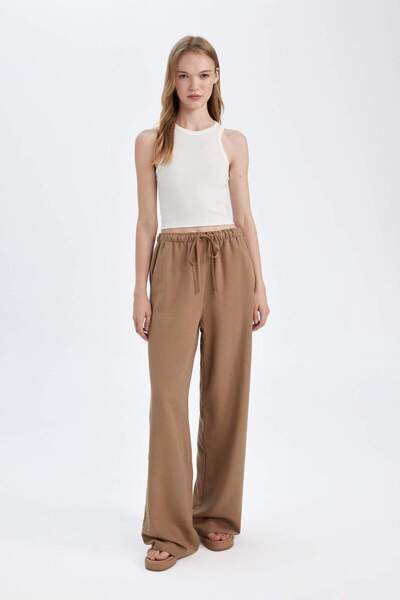 DeFacto Keten Karışımlı Pantolon Wide Leg Geniş Bol Paça Üç Cepli Normal Bel Basic Düz Standart Boy C4545AX