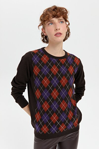 Desen Triko Γυναικείο μάλλινο πουλόβερ με καφέ διαμάντι με λαιμόκοψη