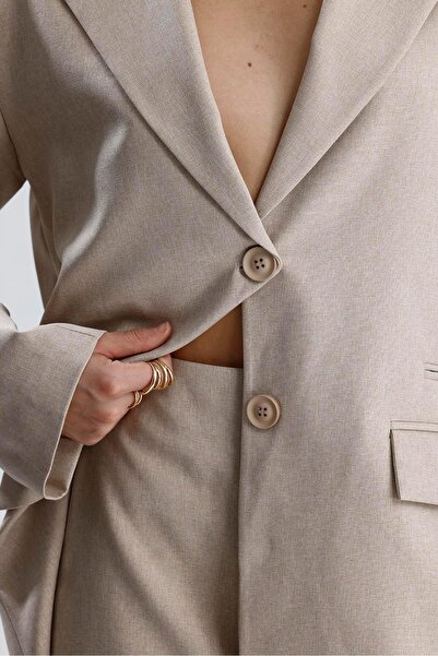 VAPUR TEKSTİL Three-Pocket Buttoned Front Oversize Blazer Jacket - Beige