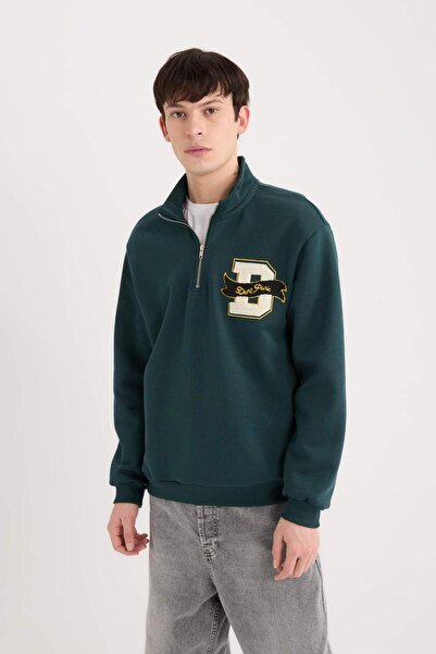 DeFacto Regular Fit Stand Collar Zip Printed Sweatshirt A4469Ax24Au