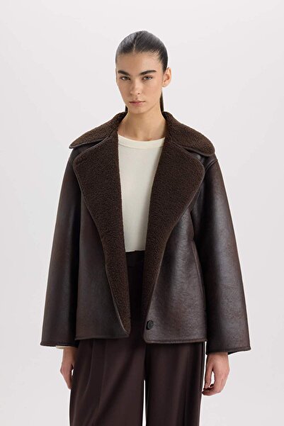 DeFacto Guler polo, pluș, buzunar cu nasturi, căptușit, jachetă sezonieră din piele artificială D6822AX24WN