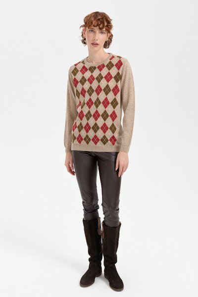 Desen Triko Beige Women's Woolen Sweater - Zero Collar and Diamond Pattern