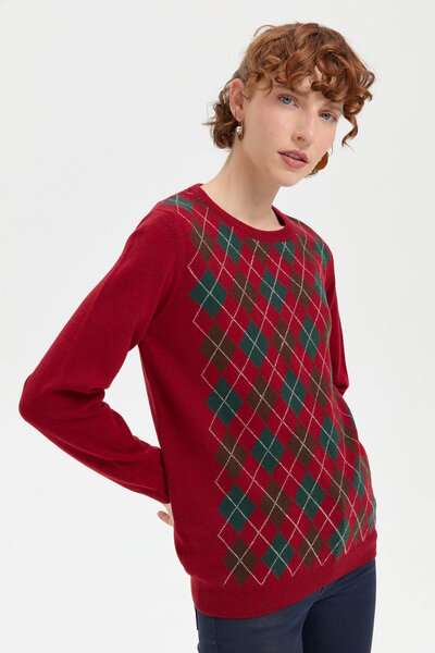 Desen Triko Red V Wool Sweater - Zero Collar and Diamond Pattern