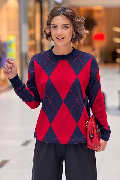 Nevin Kaya Moda Red Navy Blue Color Diamond Patterned Sweater