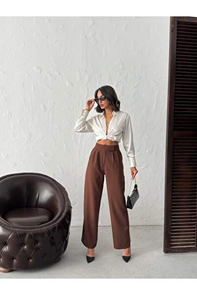 Canbeg Tekstil Women's Palazzo Double Fabric Velcro Closure Zippered Pocket Trousers