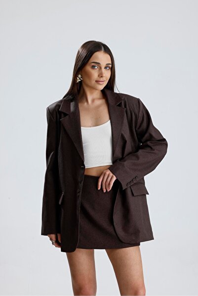 VAPUR TEKSTİL Three-Pocket Button-Front Oversize Blazer Jacket - Brown