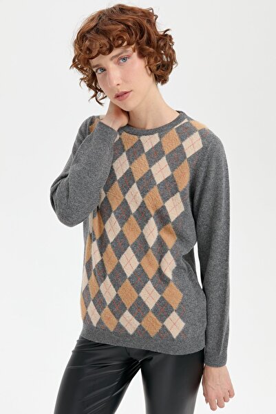 Desen Triko Smoke Colored Women's Woolen Sweater - Zero Collar and Diamond Pattern