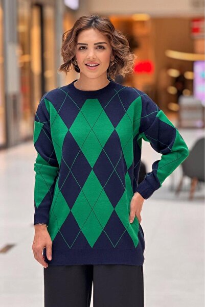 Nevin Kaya Moda Yeşil Lacivert Renk Baklava Desenli Kazak