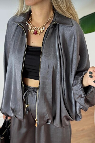 Safgiyim44 Batwing Sleeve Satin Jacket Gray