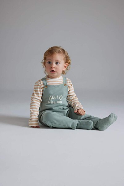 DeFacto Erkek Bebek 2li Takım Çizgili Uzun Kollu Tişört Baskılı Salopet Tulum D8708A525SP