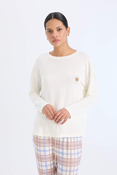 DeFacto Pijama Takımı Regular Fit Uzun Kollu Üst Kareli Uzun Alt-Fall in Love D2263AX24WN