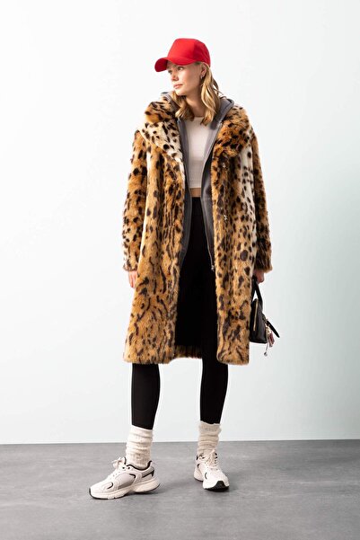 DeFacto Bunda Relax Fit s leopardím golierom Dlhý kabát z umelej kožušiny s vreckami D4005Ax24Wn