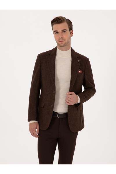 Cacharel Kahverengi Slim Fit Yün Karışımlı Flanel Görünümlü Ceket 50310747-VR029