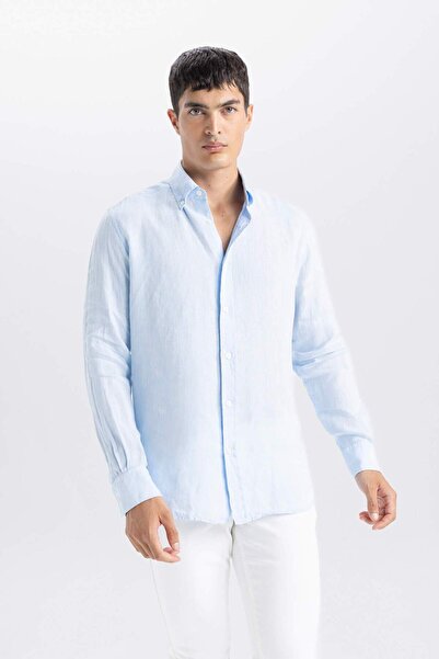 DeFacto Regular Fit Polo Neck Linen Long Sleeve Shirt D8816Ax24Hs