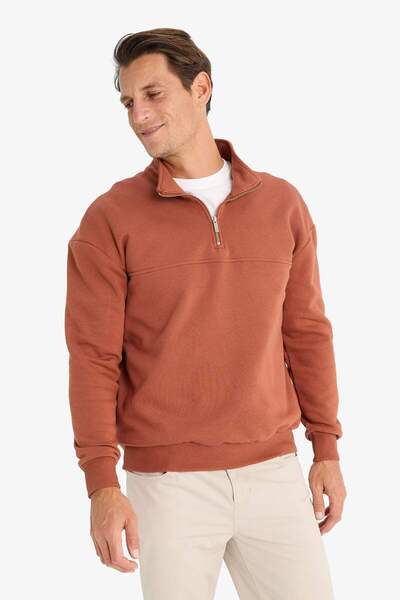 DeFacto Relax Fit Dik Yaka Fermuarlı Basic Düz Kalın Sweatshirt E5334AX24WN