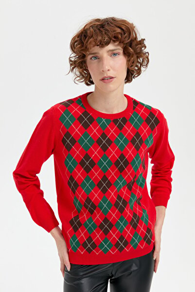 Desen Triko Coral Colored Women's Wool Sweater - Zero Collar and Diamond Pattern