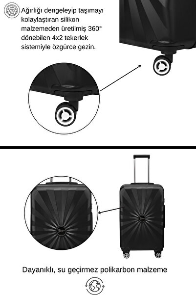 louisiana polo 3'lü Valiz Seti Polikarbon Valiz 4x2 Teker Siyah 1809