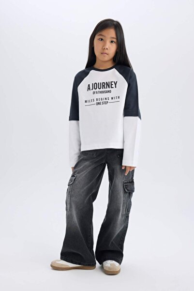 DeFacto Tricou cu mânecă lungă cu imprimeu oversize pentru fete D9443A825SP