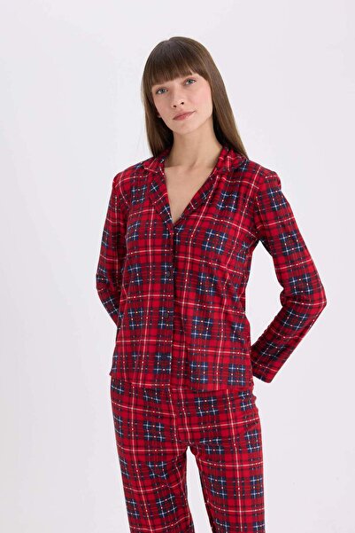 DeFacto Flexible Passform – kariertes Langarm-Pyjama-Set, Taillen-Langboden E6324ax24wn