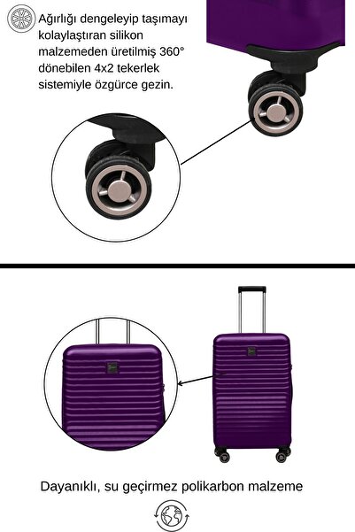 louisiana polo 3'lü Valiz Seti Polikarbon Valiz 4x2 Teker Mor 1811