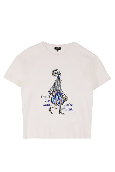 Fabrika Kırık Beyaz Kadın Bisiklet Yaka Basic Baskılı T-Shirt F4WL-TST0350