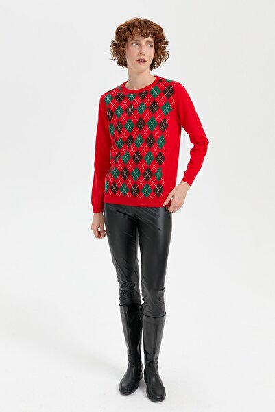 Desen Triko Coral Colored Women's Wool Sweater - Zero Collar and Diamond Pattern