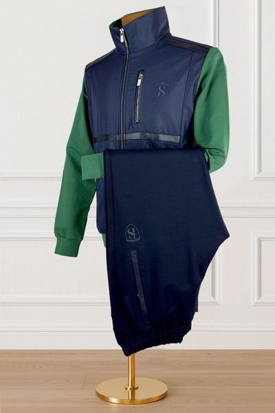 BESSA Green Stand Collar Tracksuit Set Parachute Fabric Detailed Zipper Pocket Straight Leg Men's