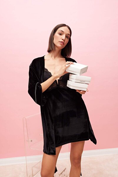 DeFacto Regular Fit Wrap Collar Velvet Half Sleeve Dressing Gown-Fall in Love D6447Ax24Wn