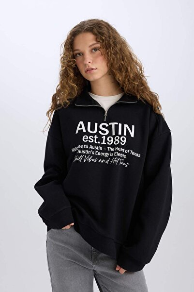 DeFacto Oversize Geniş Kalıp Yarım Fermuarlı Sırt Baskılı Sweatshirt E1525AX24WN