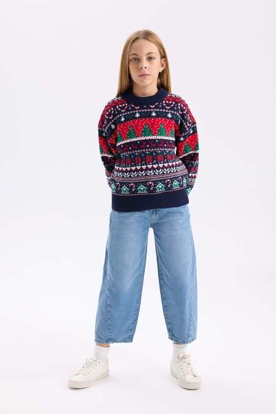 DeFacto Kız Çocuk Bisiklet Yaka Yılbaşı Temalı Triko Kazak D5773A824WN