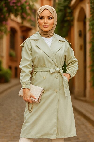 Neva Style Buttoned Light Khaki Hijab Trench Coat 647Ahk