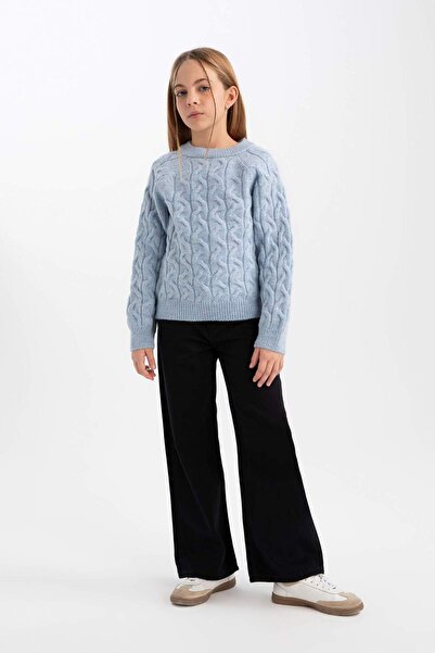 DeFacto Kız Çocuk Standart Fit Bisiklet Yaka Saç Örgülü Triko Kazak C9539A824WN