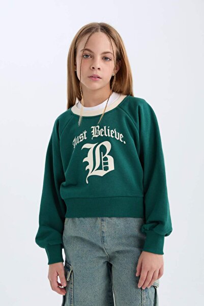 DeFacto Kız Çocuk Relax Fit Bisiklet Yaka Baskılı İçi Yumuşak Tüylü Sweatshirt D7042A824WN