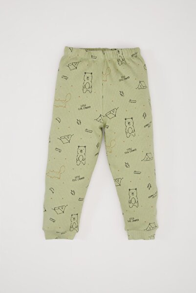 DeFacto Erkek Bebek Pijama Takımı Ayı Baskılı Uzun Kollu Fitilli Kaşkorse Üst Beli Lastikli Uzun Alt D7151A