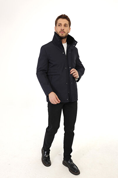 Jan Carlucci Regular İçi Kapitoneli Lacivert ( Çıkarılabilir Kürklü Yaka ) Kaban