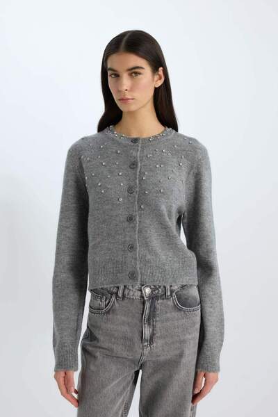 DeFacto Regular Fit Bisiklet Yaka Düğmeli Taşlı Triko Hırka E0772AX24WN