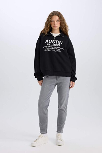 DeFacto Oversize Geniş Kalıp Yarım Fermuarlı Sırt Baskılı Sweatshirt E1525AX24WN