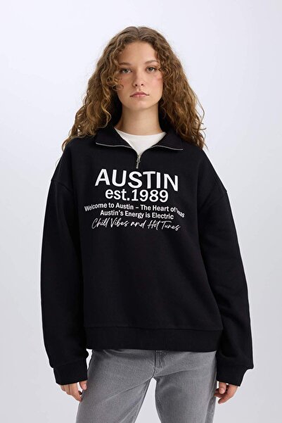 DeFacto Oversize Geniş Kalıp Yarım Fermuarlı Sırt Baskılı Sweatshirt E1525AX24WN