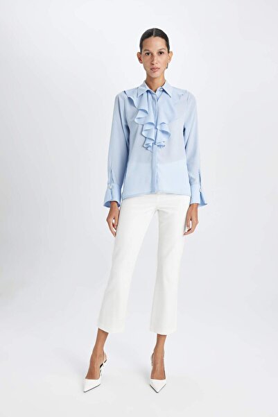 DeFacto Regular Fit Flounced Collar Stones Button Crepe Long Sleeve Blouse D3146Ax24Au