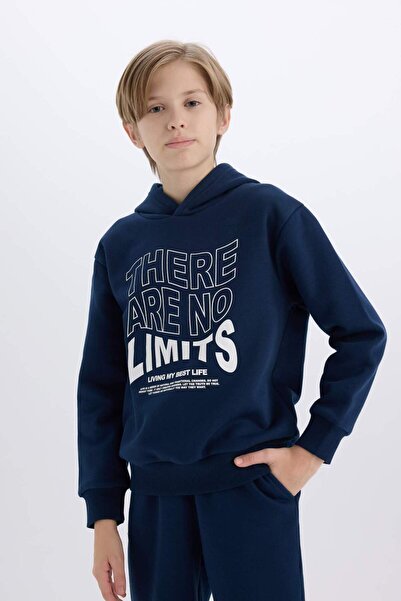 DeFacto Hooded Printed Sweatshirt and Elastic Sweatpants for Boy - 2-Piece Set B0409A824Cw