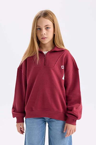 DeFacto Kız Çocuk Oversize Geniş Kalıp Fermuarlı Dik Yaka Baskılı İçi Yumuşak Tüylü Sweatshirt D3357A824AU