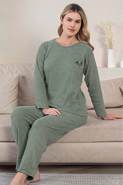 Farya Home Kalın Kışlık İnterlok Şeritli Uzun Kollu Örme Pijama Takımı
