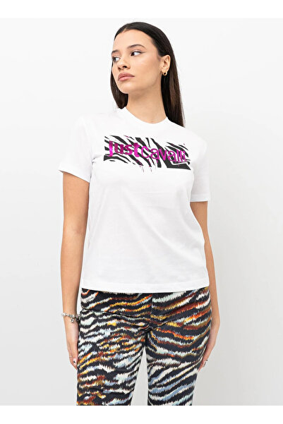 Just Cavalli Yuvarlak Yaka Baskılı Beyaz Kadın T-Shirt 76PAHG07