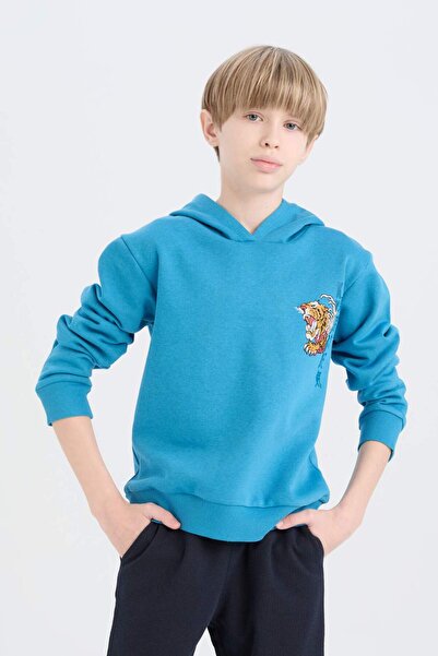 DeFacto 2'li Baskılı Sweatshirt Beli Lastikli Eşofman Altı Mavi Erkek Çocuk Alt-Üst Takım D6872A8/BE