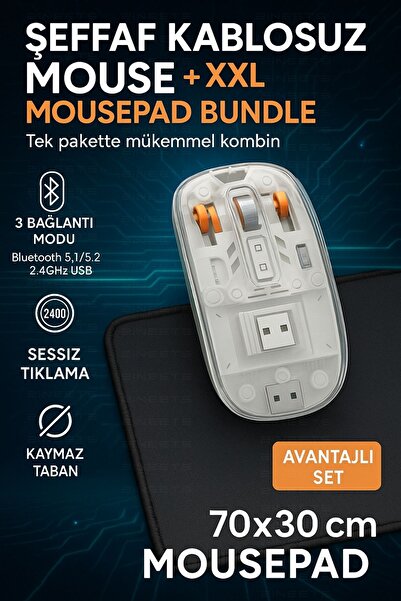 Zineets Çift Modlu Kablosuz Bluetooth Şeffaf Mouse Şarj Edilebilir Sessiz Tık...