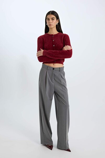 DeFacto Regular Fit Bisiklet Yaka Düğmeli Triko Bordo Hırka E2428AX24WN