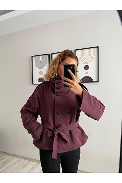 TB Butik Dik Yaka Ve Ceket Yaka Mürdüm Premium Trençkot Ceket