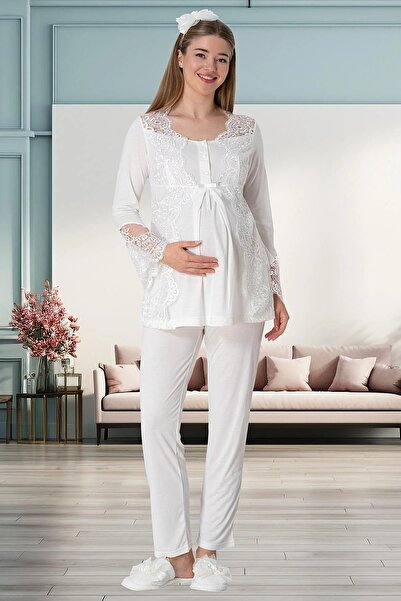 Mecit Pijama Maternity Dressing Pajamas Nightgown 4-Piece Set 75% Cotton, 25% Viscose Hair Band is a Gift