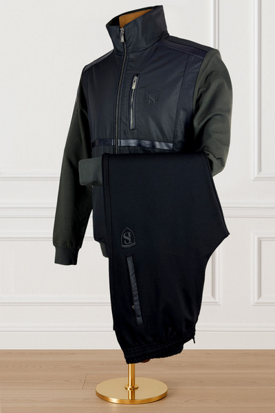 BESSA Khaki Stand Collar Tracksuit Set Parachute Fabric Detailed Zippered Pocket Straight Leg Men's